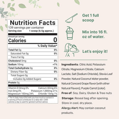 Micro Ingredients Hydration Electrolyte Powder 2lbs (139 Servings) | Keto & No Sugar High Potassium (1000mg) with Sweet Concord Grape Flavor & Natural Coconut Water | Non-GMO