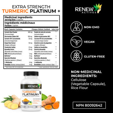 Renew Actives Turmeric Curcumin Supplement: Potent Turmeric Platinum + Supplement With 95% Curcuminoids, Ginger & Bioperine Black Pepper - 120 Capsules