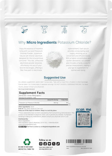 Micro Ingredients Potassium Chloride Powder 1 KG (35 Ounce) | Salt Substitute & Essential Hydration Electrolyte Supplement | Supports Mineral Balance Heart Joint and Immune Health | Filler Dissolves Easily