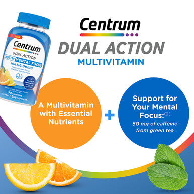 Centrum Multigummies Multi+ Dual Action Mental Focus Adult Multivitamin With Caffeine From Green Tea Supports Mental Focus Attention And Alertness Lemon/Orange Flavors - 90 Count