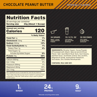 Optimum Nutrition Gold Standard 100% Micellar Casein Protein Powder Slow Digesting Helps Keep You Full Overnight Muscle Recovery Chocolate Peanut Butter 1.87 Pound (Packaging May Vary)