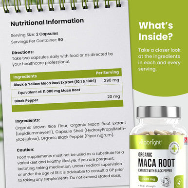 Black Maca Root Capsules For Women & Men, 180 (2 A Day) Maca Root Extract Equal To 11,000Mg Pure Organic Maca Root Powder, Yellow & Black Maca Complex + Black Pepper For Better Absorption - Vitabright
