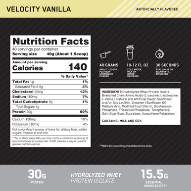 Optimum Nutrition Platinum Hydrowhey Protein Powder, 100% Hydrolyzed Whey Isolate Powder, Flavor: Velocity Vanilla, 3.5 Pounds