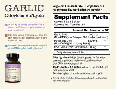 NatureWise Garlic Odorless Softgels 1500mg Support for Cardiovascular Function Immune System Health with Antioxidants Bee Pollen for Everyday Wellness Black 60 Count
