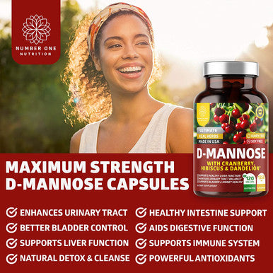 N1N Premium D Mannose with Cranberry and Hibiscus Max Strength 1350mg Naturally Supports Urinary Tract Health Flush Impurities and Bladder Health 120 Veg Caps