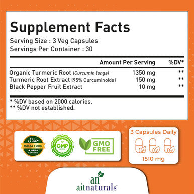 Aitnaturals Turmeric Curcumin - 1510 mg (90 Capsules)| 95% Curcuminoids with Black Pepper Extract| Advanced Absorption for Cardiovascular Health and Joint & Muscle Support | Digestive and Antioxidant