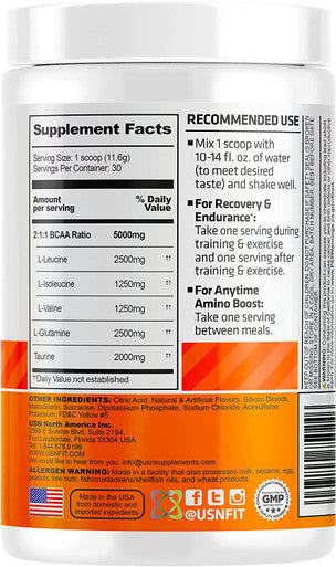 USN Supplements BCAA Amino + Supplement, Mango Pineapple, 11.60 Oz