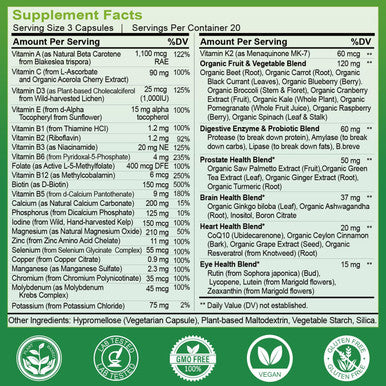 Multivitamins For Men 50 Plus, Whole Food Multivitamin Organic Based Superfoods Supplement For Men 50+ For Brain, Heart And Eye Health, Improve Digestion & Prostate Health, 120 Capsules