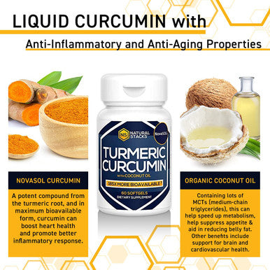 NATURAL STACKS Turmeric Curcumin 60 ct. - 185x More Bioavailable Liquid Soft Gel - Supports Healthy Joints, Brain Function and Inflammation Response - 100mg Organic Coconut Oil for Rapid Absorption