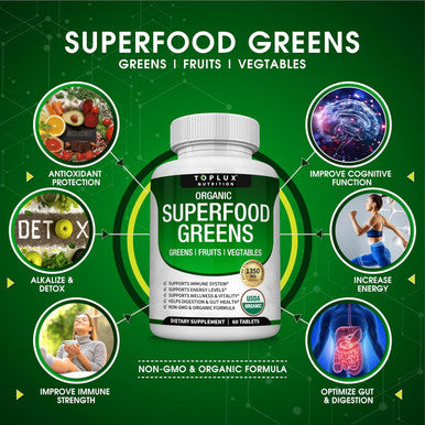 Organic Super Greens Capsules Superfood Fruit Veggie Supplement - 28 Powerful Natural Ingredients With Alfalfa, Beet Root, Tart Cherry & Ginger For Immune & Energy Support, For Men Women, 60 Tablets
