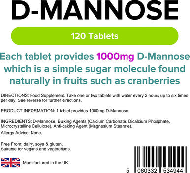 Lindens D-Mannose 1000mg Tablets - 120 Pack - Each Tablet Provides 1000mg D Mannose - UK Manufacturer, Letterbox Friendly