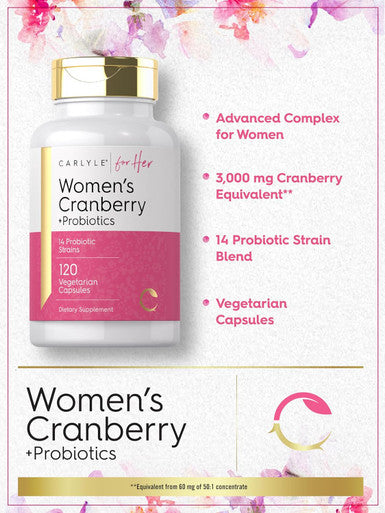 Carlyle Women's Cranberry Plus Probiotics | 120 Capsules | with 14 Probiotic Strains | Vegetarian Non-GMO Gluten Supplement | for Her