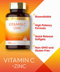 Vitamin C with Zinc | 250 Softgels | Bioavailable Supplement | Ascorbic Acid and Zinc Oxide | Non-GMO and Gluten Free Formula | by Carlyle