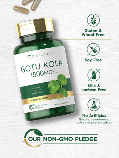 Gotu Kola Capsules 1500Mg | 180 Count | Non-Gmo, Gluten Free | Traditional Herb Extract | By Carlyle