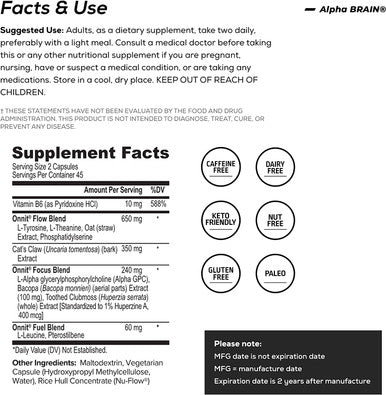 ONNIT Alpha Brain 180ct Premium Nootropic Brain Supplement Focus Concentration Memory Alpha GPC L Theanine Bacopa Monnieri