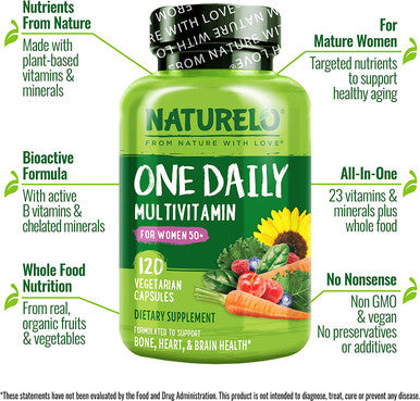 NATURELO One Daily Multivitamin for Women 50+ (Iron Free) - Menopause Support for Women Over 50 - Whole Food Supplement - Non-GMO - No Soy - 120 Capsules - 4 Month Supply