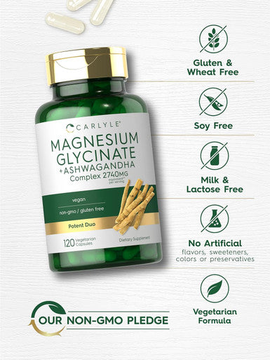 Carlyle Magnesium Glycinate with Ashwagandha | 2740mg Complex | 120 Vegetarian Capsules | Potent Duo | Non-GMO and Gluten Supplement
