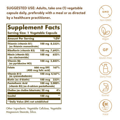 Solgar B-Complex "100" 100 Vegetable Capsules - Heart Health - Nervous System Support - Supports Energy Metabolism - Non Gmo Vegan Gluten/ Dairy Free Kosher Halal - 100 Servings