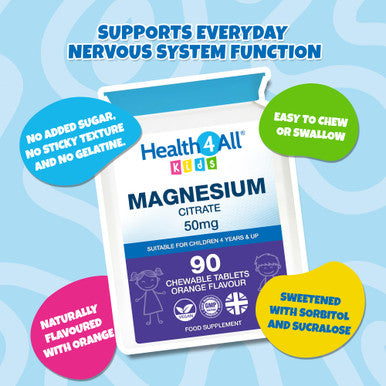 Kids Magnesium Sublingual 90 Tablets (V) for Anxiety, Sleep, Ticks. Vegan Chewable Magnesium Citrate for Children. Made in The UK by Health4All