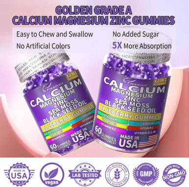 Calcium Magnesium Zinc Supplement Gummies Sugar For Women And Men Calcium Gummies Supplement Bone & Immune Support Made In Usa 60 Counts Blueberry Flavor
