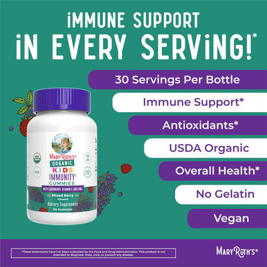 Maryruth Organics Kids Immune Support Gummies | USDA Organic | Vitamin C Zinc and Elderberry Gummies for Kids| Immune Support for Kids Ages 4+ | Vegan | Non-GMO | Gluten | 60 Count