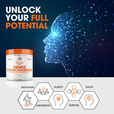 Genius Consciousness, Super Nootropic Brain Supplement Powder, Mango - Boost Focus, Cognitive Function, Concentration & Memory Booster - Alpha GPC & Lions Mane Mushroom for Neuro Energy & IQ