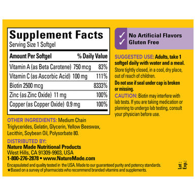 Nature Made Hair Skin Nails W Mcg Of Biotin Softgels Ct 60 Count N/A