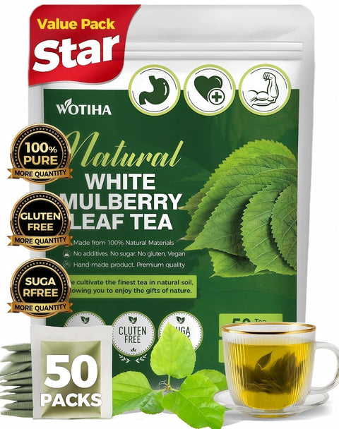 WOTIHA 50 Count Premium White Mulberry Leaf Tea Bags - 100% Natural & Pure, Improves Digestion, Supports Wellness, Slightly Sweet & Refreshing,Non-GMO Caffeine-Free, Additive-Free, Sugar-Free, Vegan