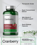 Cranberry + Vitamin C | 15,000mg | 250 Capsules | Non-GMO and Gluten Free Cranberry Pills Supplement | Concentrated Extract Formula | by Horbaach