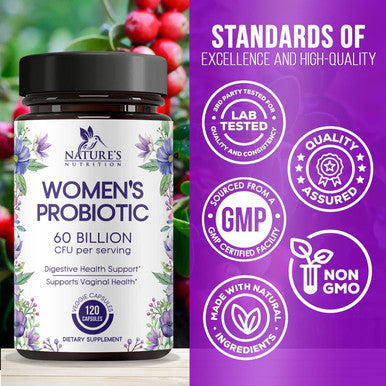 Nature'S Nutrition Probiotics for Women's Digestive Health 60 Billion CFU 16 Strains for Vaginal pH Gut Health & Immune Support Daily Probiotic Supplement for Feminine Health Gluten - 120 Capsules