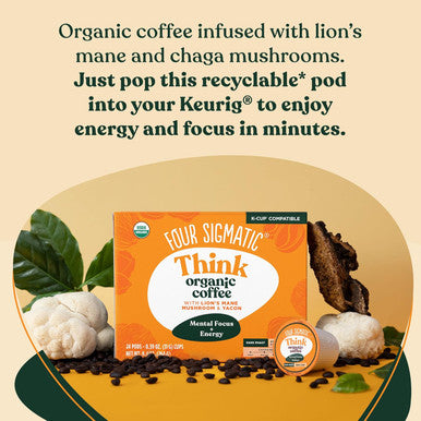 Four Sigmatic Mushroom Coffee K-Cups | Organic And Fair Trade Dark Roast Coffee With Lion S Mane Mushroom Powder & Yacon | Focus & Immune Support | Vegan & Keto | Sustainable Pods | 24 Count.