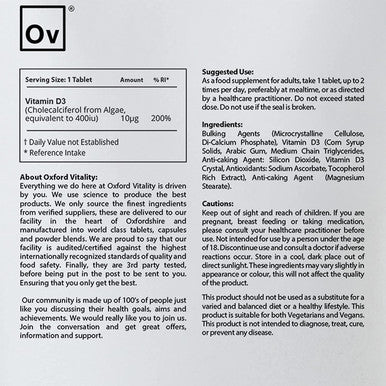 Vegan Vitamin D3 400iu Tablets | Muscles, Immunity, Bones, Teeth | Oxford Vitality (365)