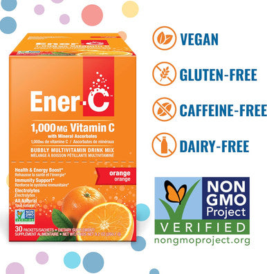 Ener-C Orange Multivitamin Drink Mix Powder Vitamin C 1000Mg & Electrolytes With Real Fruit Juice Natural Energy & Immune Support For Women & Men - Non-Gmo Vegan & Gluten - 60 Count