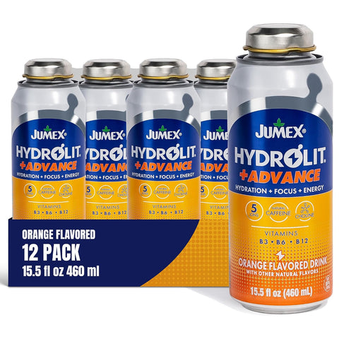 Jumex Hydrolit +Advance Hydration Energy Drinks - 90 Calorie Orange Sports Drinks - Non Carbonated Electrolyte & Vitamin Water with Ions, Choline, B3, B6, B12 & Natural Caffeine - 15.5oz, 12 Pack