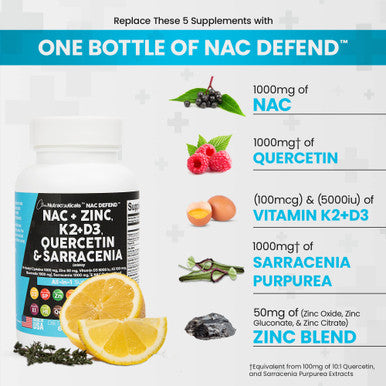 NAC Supplement N-Acetyl Cysteine 1000mg Vitamin D3 K2 Zinc Quercetin 1000mg Sarracenia Purpurea 1000mg with Elderberry Holy Basil Bee Propolis Bromelain L-Lysine - 60 Count