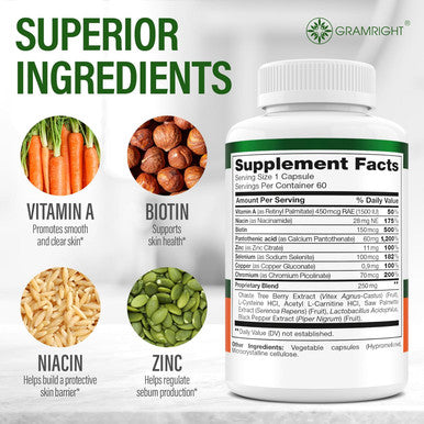 Acne Supplements For Clear Skin With Biotin, Zinc, Vitamin A & Niacin - Acne Pills For Acne Scar Treatment - Cystic Acne Treatment With Probiotics For Gut Health & Glowing Skin - Made In Usa - 60 Caps