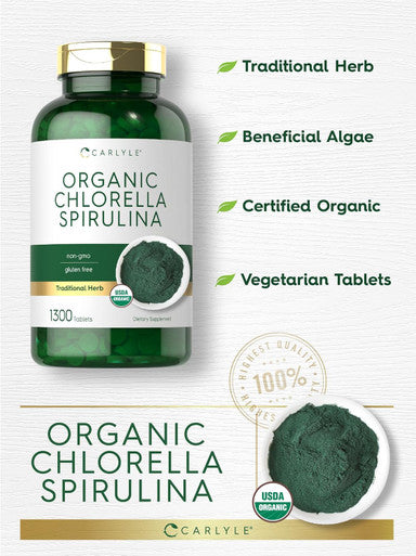 Carlyle Organic Chlorella Spirulina Tablets | 1300 Count | 50/50 Blend | Non-GMO and Gluten