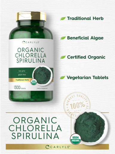 Carlyle Organic Chlorella Spirulina Tablets | 1300 Count | 50/50 Blend | Non-Gmo And Gluten Free