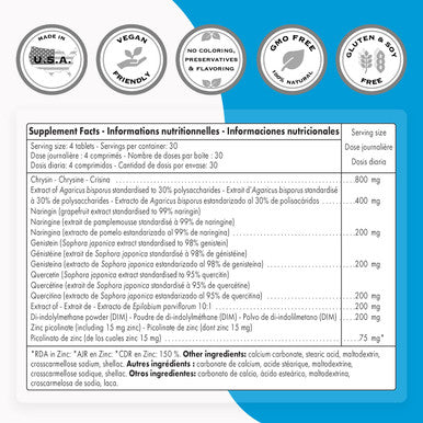 Supersmart Natural Anti Aromatase Support Endocrine System Enhanced Formulation with DIM Quercetin Epilobium NonGMO Gluten Free 120 Tablets