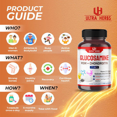 Ultra Herbs Glucosamine Chondroitin MSM - Joint Mobility Support Supplement Enhanced with Collagen Hyaluronic Acid Vitamin D3 | 150 Capsules