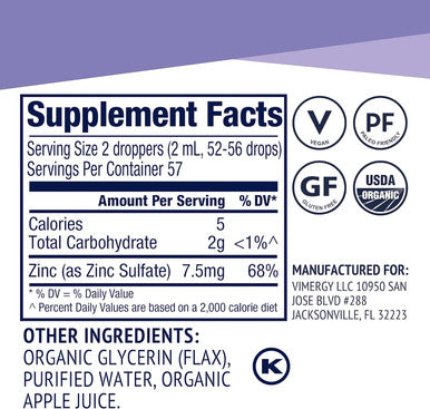 Vimergy Organic Liquid Zinc, 57 Servings Alcohol Zinc Sulfate Supports Immune Health & Metabolism Antioxidant Gluten-Free, Non-Gmo, Kosher, Vegan & Paleo Friendly (115 Ml)
