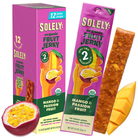 Solely - Organic Mango Fruit Jerky - 12 Individually Wrapped Fruit Strips - Fruit Leather Made from Dried Fruits - Healthy Snacks, Vegan - 0.8oz (23g)