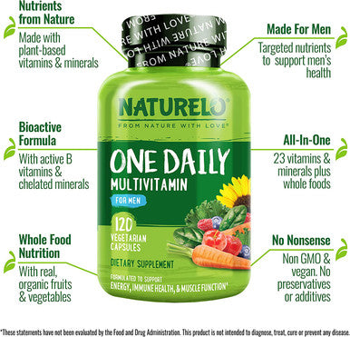 NATURELO One Daily Multivitamin for Men - with Vitamins & Minerals + Organic Whole Foods - Supplement to Boost Energy, General Health - Non-GMO - 120 Capsules | 4 Month Supply