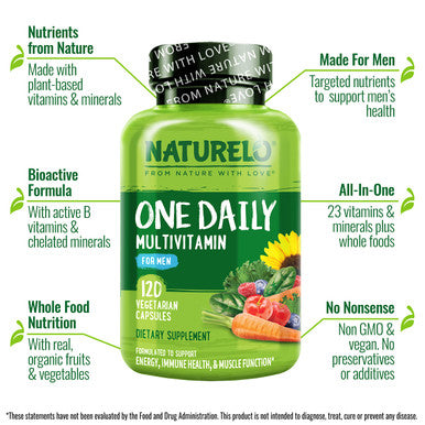 NATURELO One Daily Multivitamin for Men - with Vitamins & Minerals + Organic Foods - Supplement to Boost Energy, General Health - Non-GMO - 120 Capsules - 4 Month Supply
