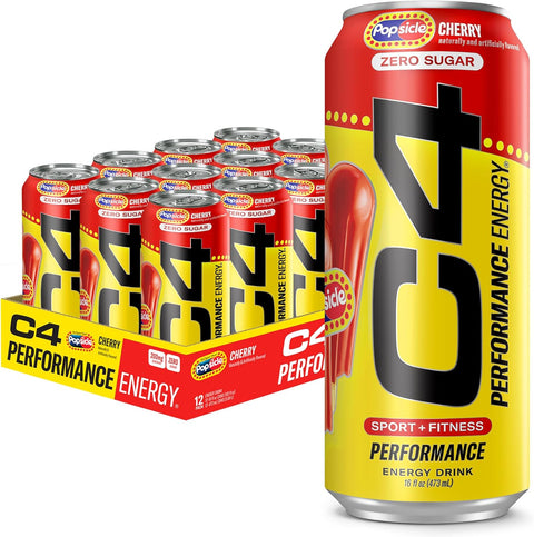 C4 Performance Energy Drink, Cherry Popsicle, Zero Sugar Carbonated Preworkout Energy, 200mg Caffeine with Beta Alanine, 16 Fl Oz (12 Pack)