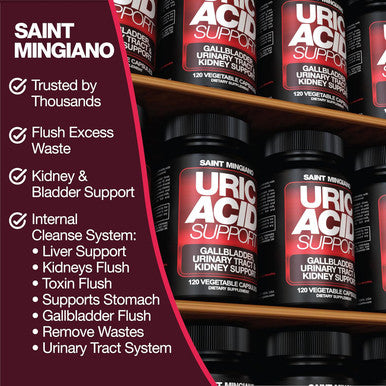 Saint Mingiano Uric Acid Support -120 Capsules - Supports Kidney Cleanse Detox & Repair, Gallbladder & Urinary Tract Issues - Essential For Daily Detox & Joint Support - Featuring Cheery & Cranberry Extract