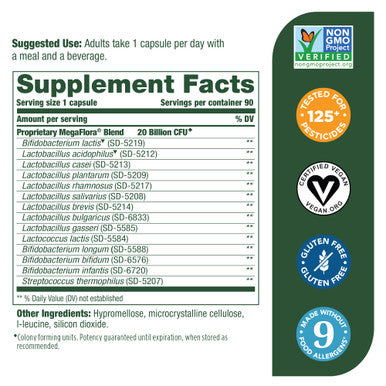 MegaFood Megaflora Probiotic - Probiotics For Women & Men - Probiotics For Digestive Health & Immune Support - 20 Billion Cfu - 14 Strains - Non-Gmo - Vegan - Made Without 9 Food Allergens - 90 Caps
