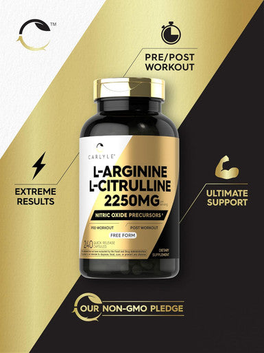 Carlyle L-Arginine L-Citrulline Complex | 2250mg | 240 Capsules | Nitric Oxide Precursors | Form | Non-GMO & Gluten
