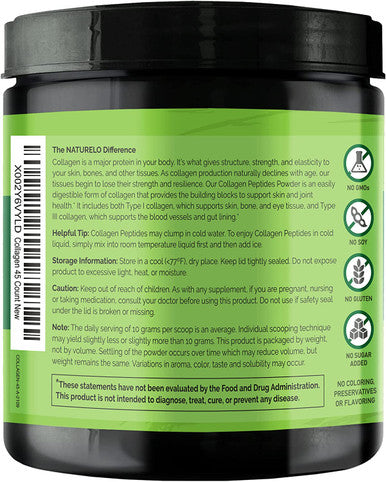 NATURELO Collagen Peptide Powder, Hydrolyzed Collagen Type I & III, Skin Hair & Joint Health - Unflavored, 16 Ounces - 45 Servings