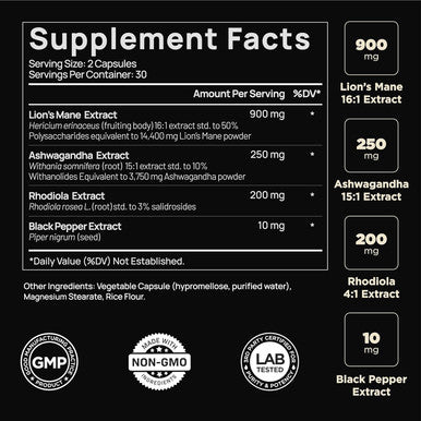 20,000mg 16x Strength Lions Mane Supplement Capsules Super Nootropic w. Ashwagandha & Rhodiola - Highest Potency Lion's Mane Mushroom Extract 50% Polysaccharides - Brain Supplement for Memory & Focus